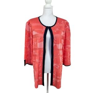 Ming Wang open-front knit cardigan jacket in Coral/Salmon with Black Trim 1X